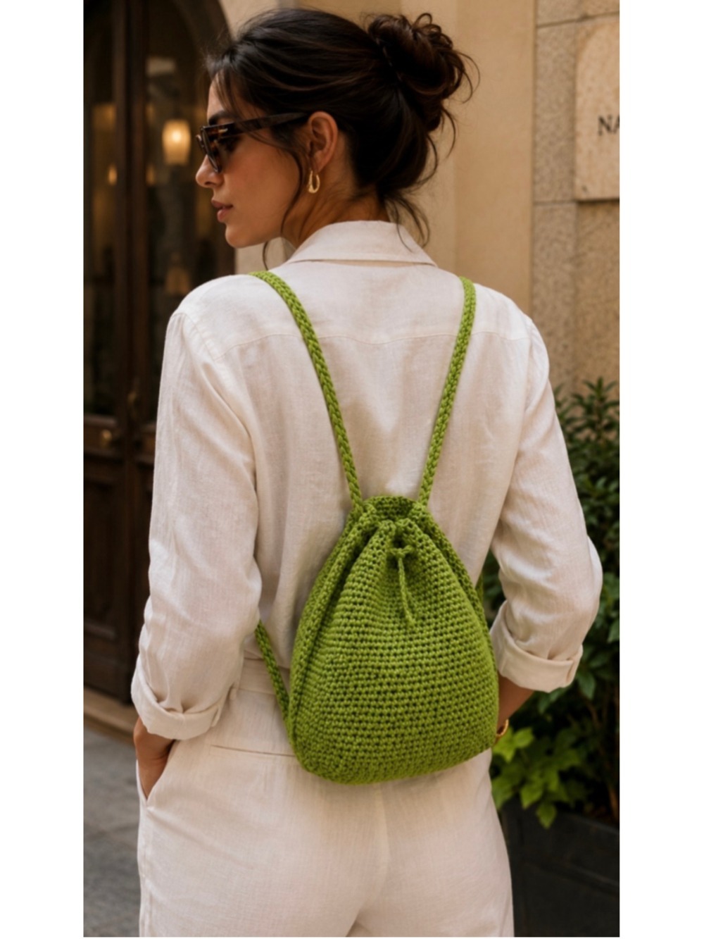 The SAK Crochet Drawstring Backpack One Size Green New Boho